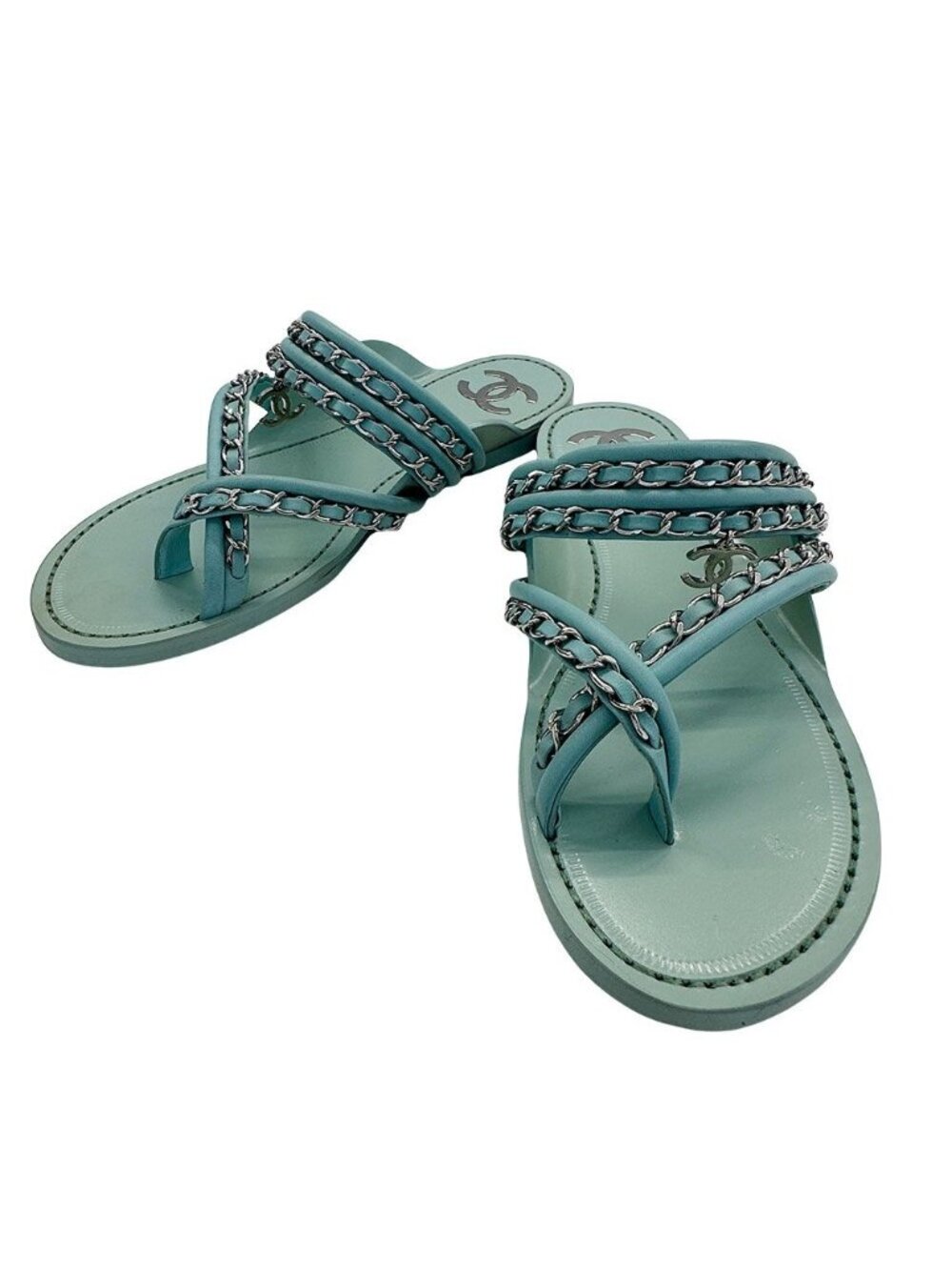 Chanel Sandals Leather Thong Mint Green 38c Chain CC Logo